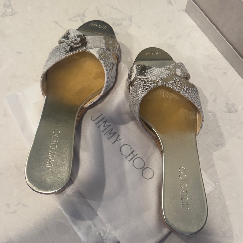 Jimmy Choo Silver and Gold Snakeskin Mules